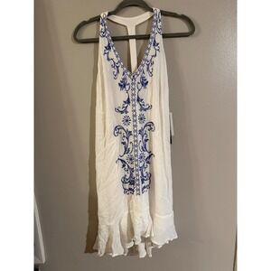 Sequin Hearts Ivory Blue Embroidered T-Back Ruffle High-Low Dress 8575XX1D M